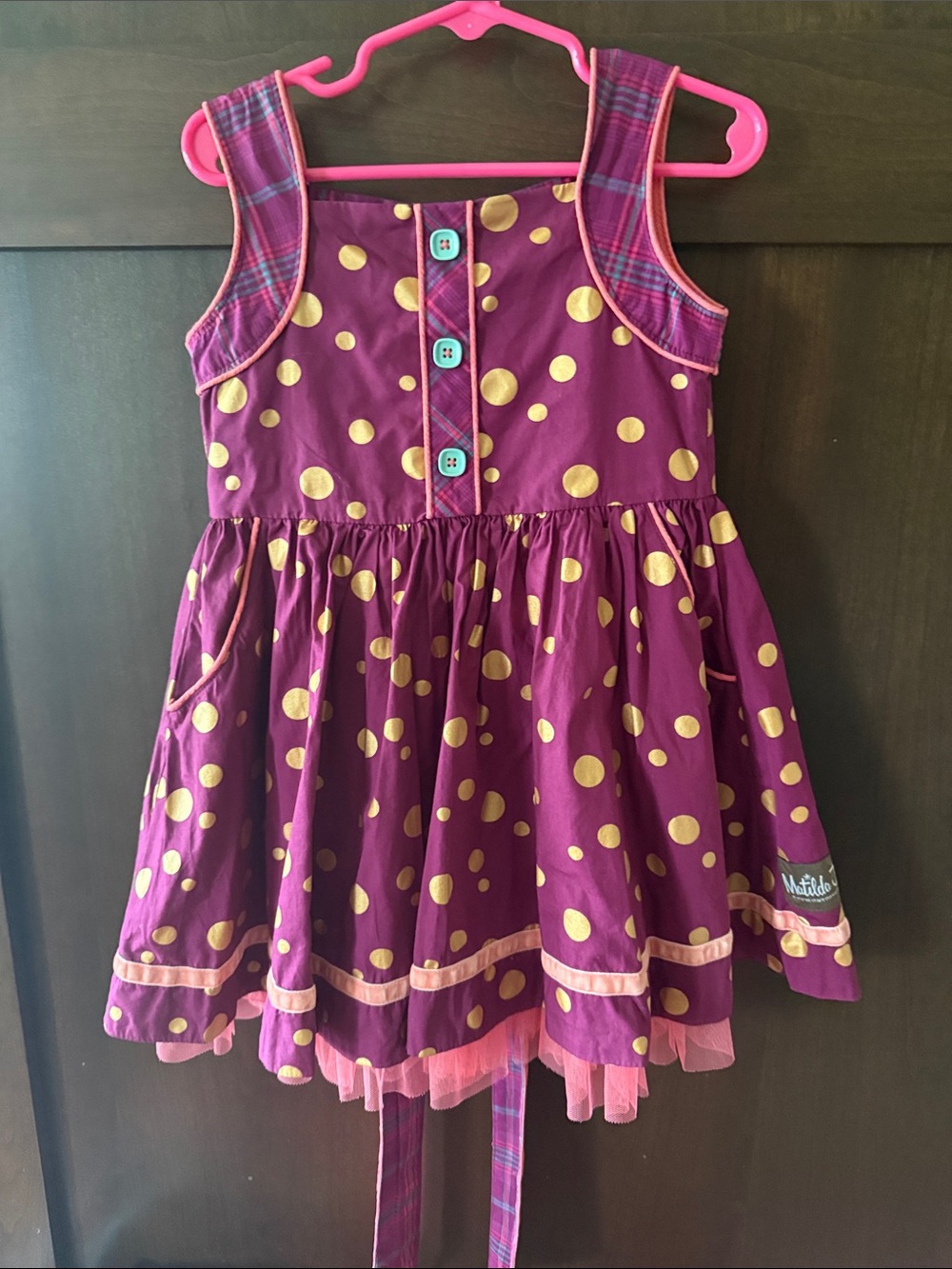 Matilda Jane Purple Dress with Gold Polka Dots and Pink Trim